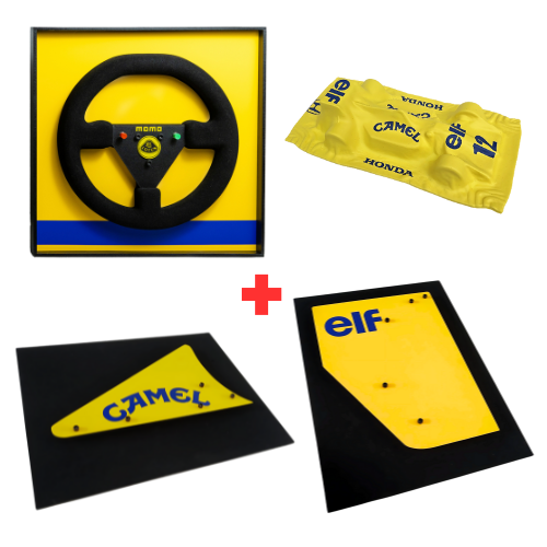 Kit Decorativo - Lotus 99T - Amarela - 1987 - Volante + Asa Dianteira + Asa Traseira + Miniatura - Fórmula 1 - 4 Peças