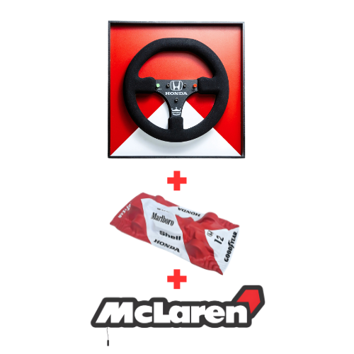 Kit Decorativo - McLaren MP4/4 - 1988 - Quadro Volante + Miniatura Exclusiva + Luminária em LED Logo Antiga - Fórmula 1 - 3 Peças